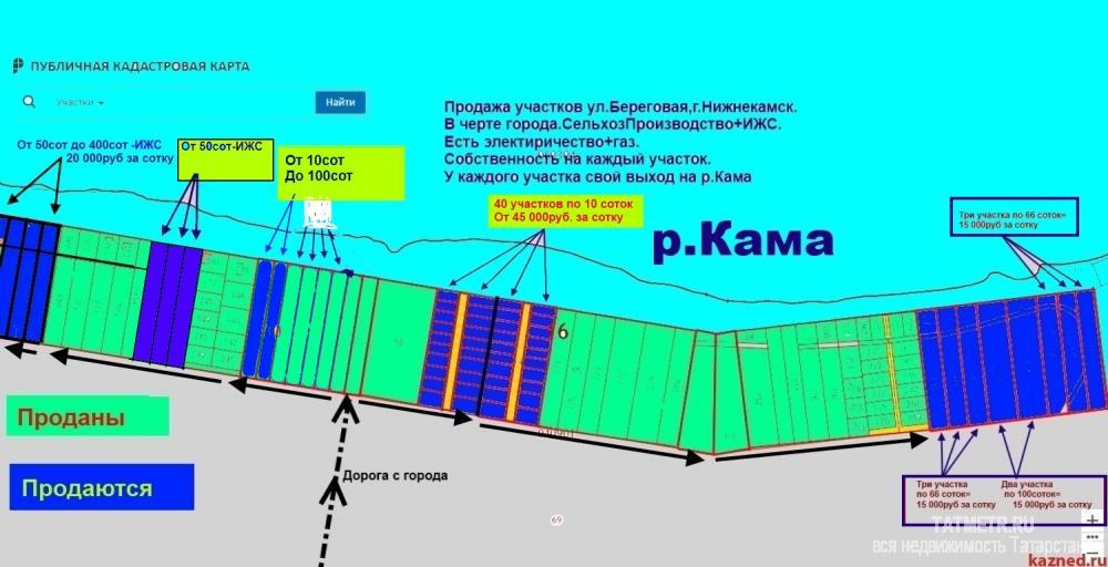 Продажа / Земельные участки, Нижнекамск, Береговая улица, 450 000 В черте города./// Продам участки от 9сот до 300соток-земли поселений (ИЖС) на берегу р.Кама в г. Нижнекамск/ Есть... - 1