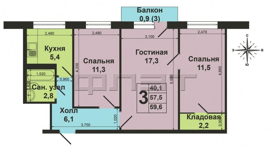 Продажа / Квартиры, Зеленодольск, Засорина улица, 1 740 000 Зеленодольск, город, ул. Засорина д.8 Трехкомнатная квартира в тихом спальном районе города на среднем этаже. Теплая,... - 9