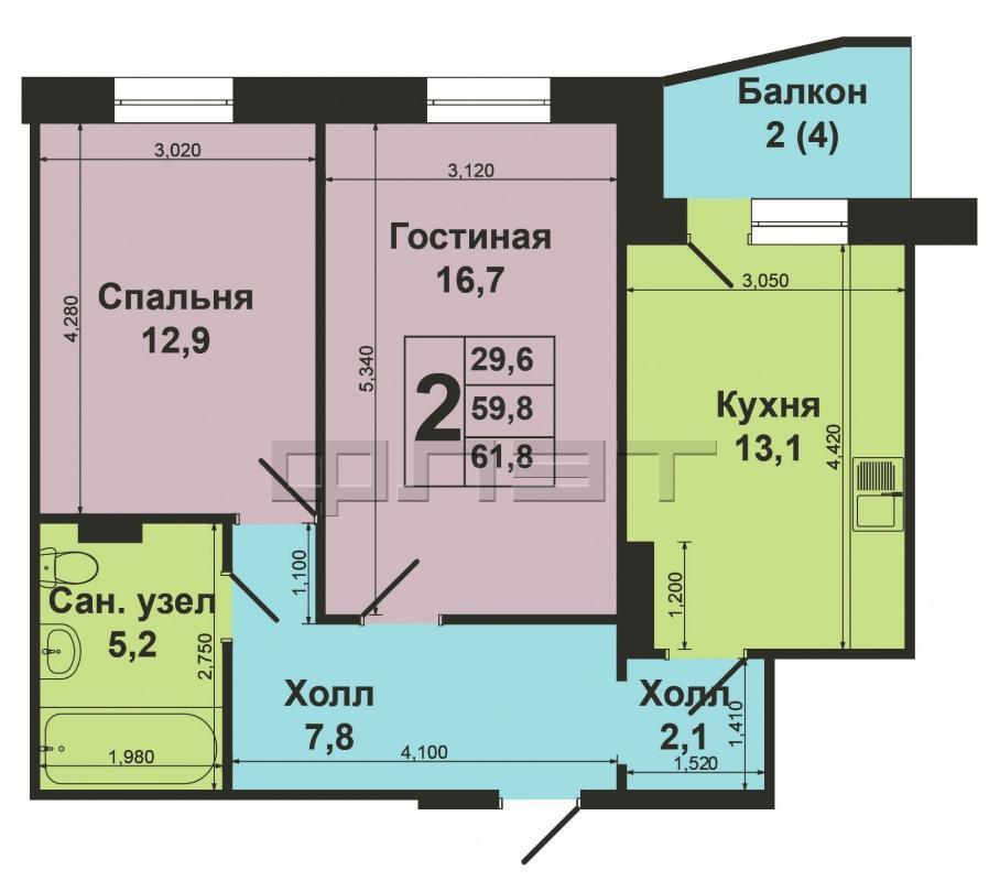 Продажа / Квартиры, Казань, Победы проспект, 3 430 000 Советский района, ул.Пр.Победы, д.160. Выставлена на продажу 2-х комнатная квартира 60 кв.м. на 2/10 этажного дома... - 4