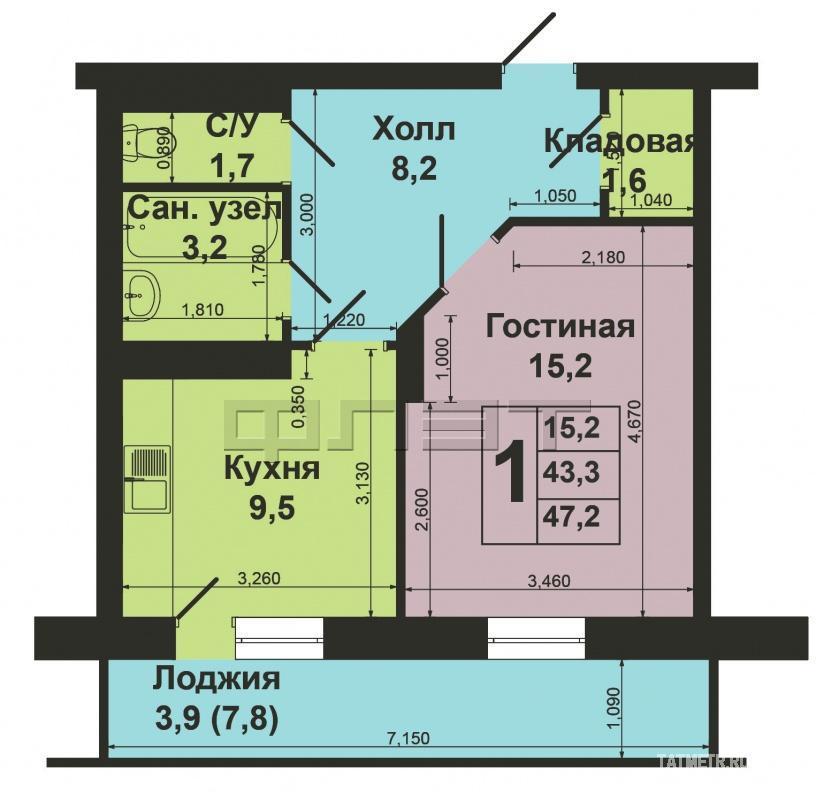 Продажа / Квартиры, Казань, Тыныч улица, 2 785 000 Однокомнатная квартира в Советском районе. Кирпичный дом 2011 года постройки. Квартира с улучшенной планировкой... - 7
