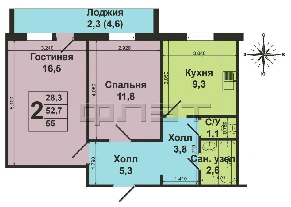 Продажа / Квартиры, Зеленодольск, Строителей проспект, 2 160 000 Зеленодольск, Мирный, пр-т Строителей, д.40. В 2 минутах от Эссена продается отличная2-комнатная квартира. Просторный... - 12