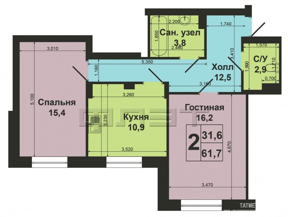 Продажа / Квартиры, Казань, Баки Урманче улица, 3 490 000 Приволжский район, ул. Баки Урманче д. 6 Продается 2-к квартира в ЖК Солнечный Город, в кирпичном доме общей... - 2