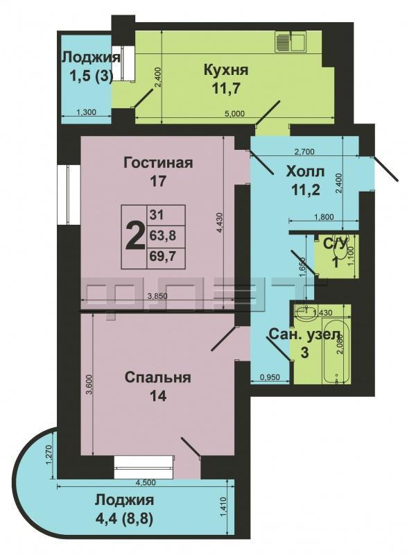 Продажа / Квартиры, Казань, Победы проспект, 3 999 000 Продается 2-х комнатная квартира на 13-м этаже 14-ти этажного кирпичного дома. Общая площадь 64.4 кв.м, комнаты... - 14