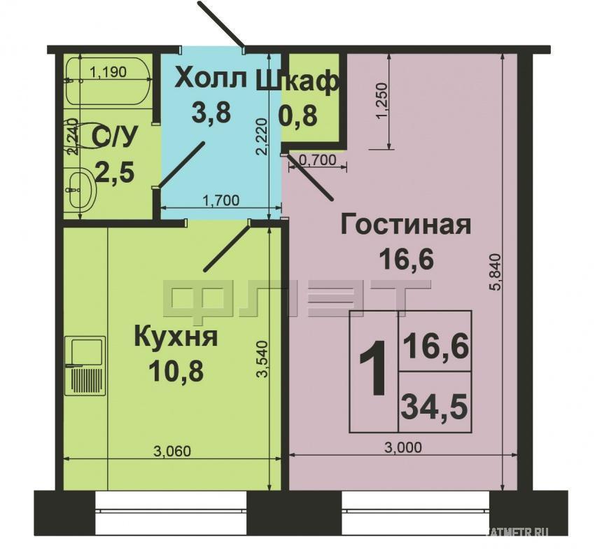 Ново-Савиновский район, ул. Восстания  д. 24. Выставлена на продажу однокомнатная квартира 34,5/16,6/10,8 на 1/5... - 8