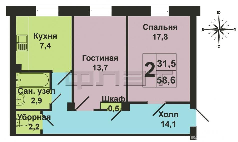 Продажа / Квартиры, Казань, Восстания улица, 3 400 000 Московский район, Восстания 56. Продается чистая, аккуратная двухкомнатная квартира в кирпичном доме. Общая площадь... - 9