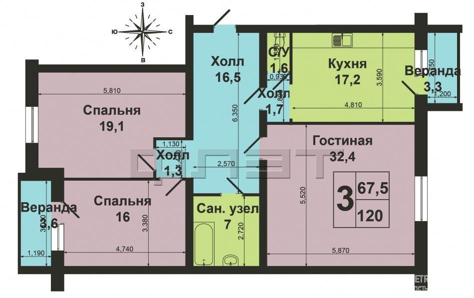 Продажа / Квартиры, Казань, Юлиуса Фучика улица, 8 280 000 Продается просторная 3-хкомнатная квартира в кирпичном доме повышенной комфортности по улице Ю.Фучика,д.12А. Общая... - 8