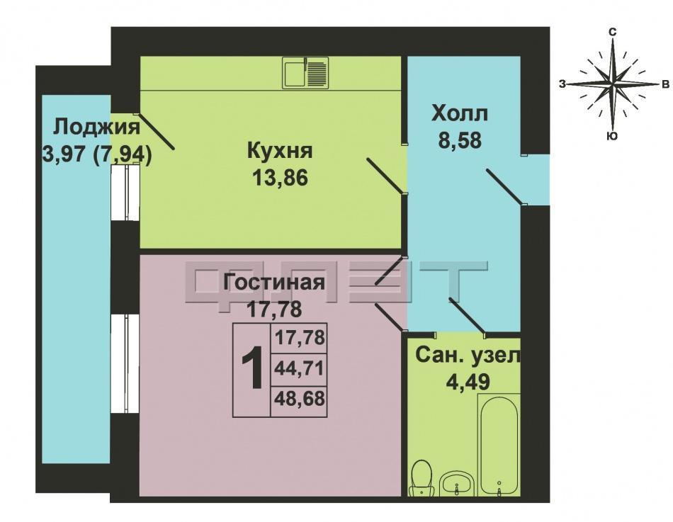 Продажа / Квартиры, Казань, Салиха Батыева улица, 3 440 000 ЖК «Изумрудный город»,ул.Салиха Батыева д.13. Продается отличная 1-комнатная квартира общей площадью 53 кв.м.... - 8