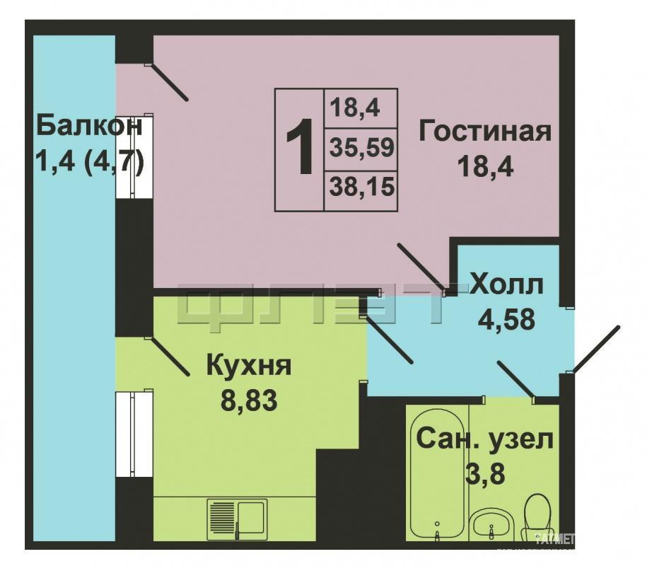 Продажа / Квартиры, Казань, Зилантовская улица, 2 100 000 Казань. Кировский район, Зилантовская, д. 20. ЖК «Салават Купере» продаю 1-к квартиру на 2 этаже 18 этажного дома.... - 7