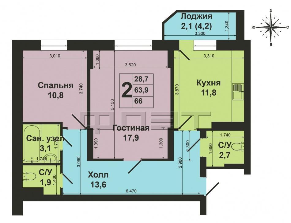 Продажа / Квартиры, Казань, Зилантовская улица, 2 990 000 Казань, Кировский район, Продается большая двухкомнатная квартира в современном Жилом Комплексе «Салават Купере», на... - 8