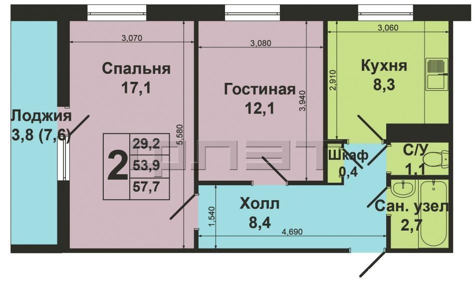 Продажа / Квартиры, Казань, Ямашева проспект, 3 390 000 Продается 2-комнатная квартира на 2 этаже 9-ти этажного панельного дома. Общий метраж квартиры 57,7 кв.м. Квартира... - 8