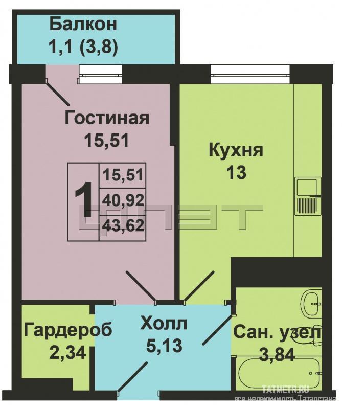 Продажа / Квартиры, Казань, Закиева улица, 3 094 640 Продается однокомнатная квартира площадью 40.40 кв.м. в ЖК 'Гармония' рядом с прекрасной березовой рощей. ДОМ СДАН!... - 8
