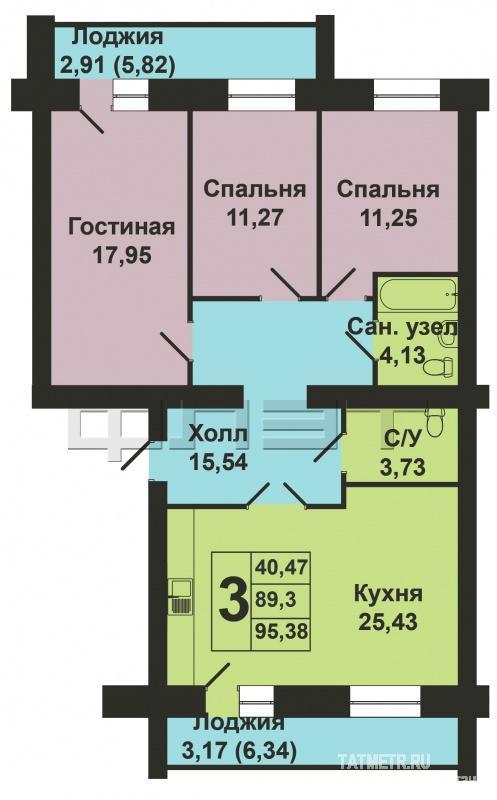 Продажа / Квартиры, Казань, Николая Ершова улица, 7 340 000 Продается трехкомнатная квартира площадью 95.38 / 40.47 / 25.43 кв.м. в престижном жилом комплексе 'Арт Сити' в 5... - 9