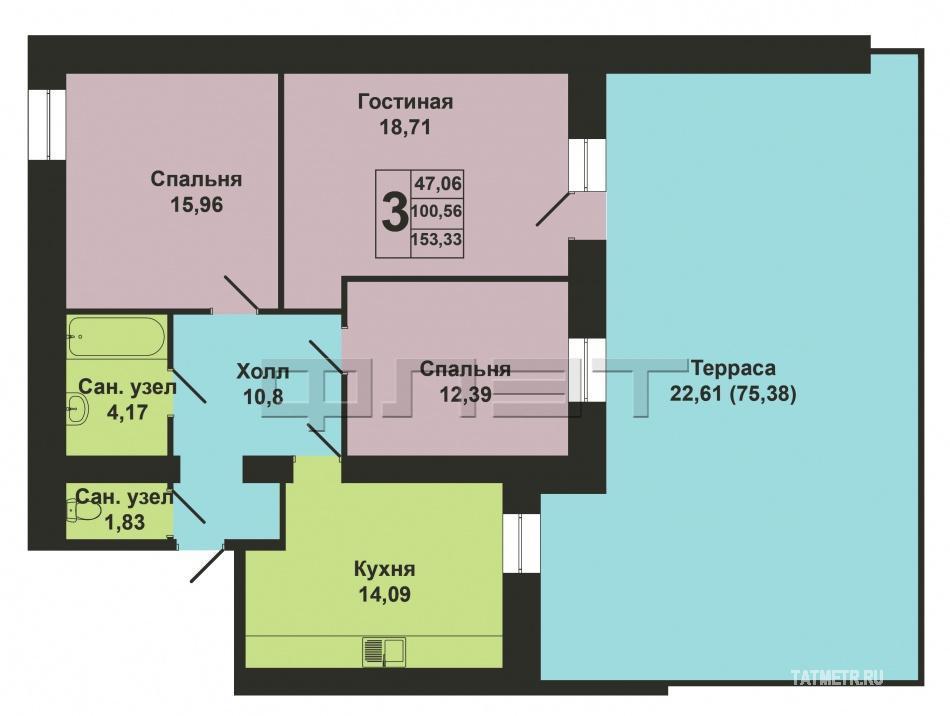 Продажа / Квартиры, Казань, Николая Ершова улица, 7 195 872 Продается трехкомнатная квартира площадью 100.56 / 47.06 / 14.09 (просторная терраса 75.38) кв.м. на пересечении... - 12