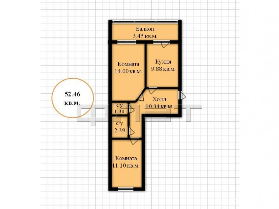 Продажа / Квартиры, Казань, Родины улица, 3 173 830 Продается двухкомнатная квартира площадью 52.46 / 25.10 / 9.88 кв.м. в ЖК 'Новые Горки' по ул.Родина. Он... - 6