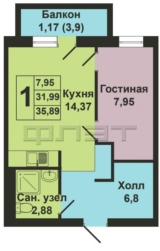 Продажа / Квартиры, Казань, Зирекле улица, 2 073 600 Продается однокомнатная квартира площадью 32.00 кв.м. в ЖК 'Green'. Это новый жилой комплекс от надежного... - 6