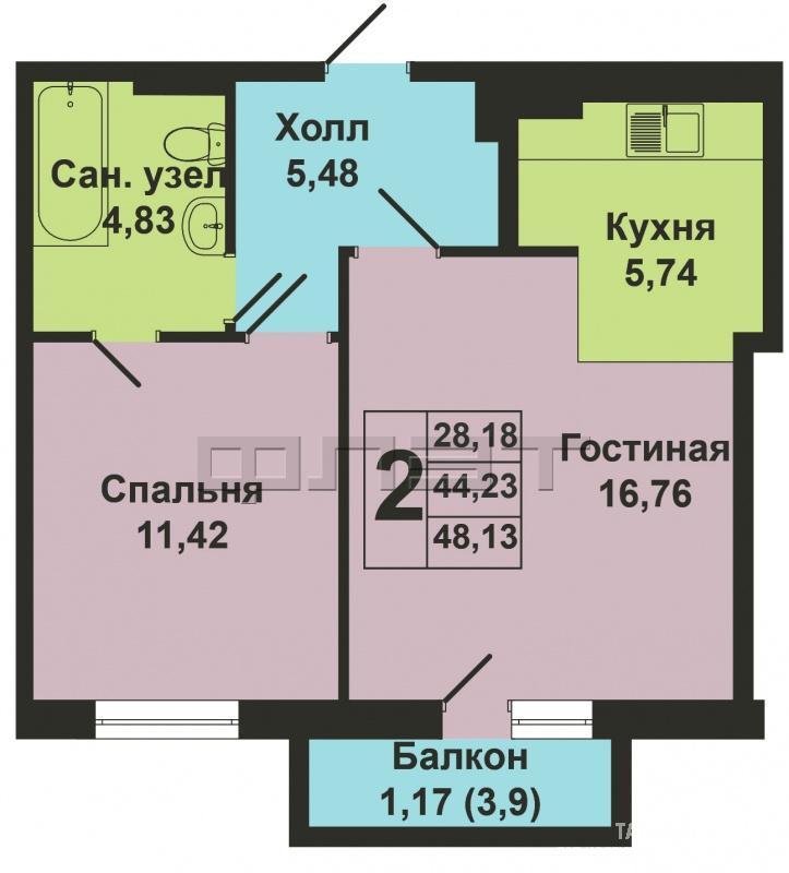 Продажа / Квартиры, Казань, Зирекле улица, 2 494 572 Продается двухкомнатная квартира площадью 44.23 кв.м. в ЖК 'Green'. Это новый жилой комплекс от надежного... - 6