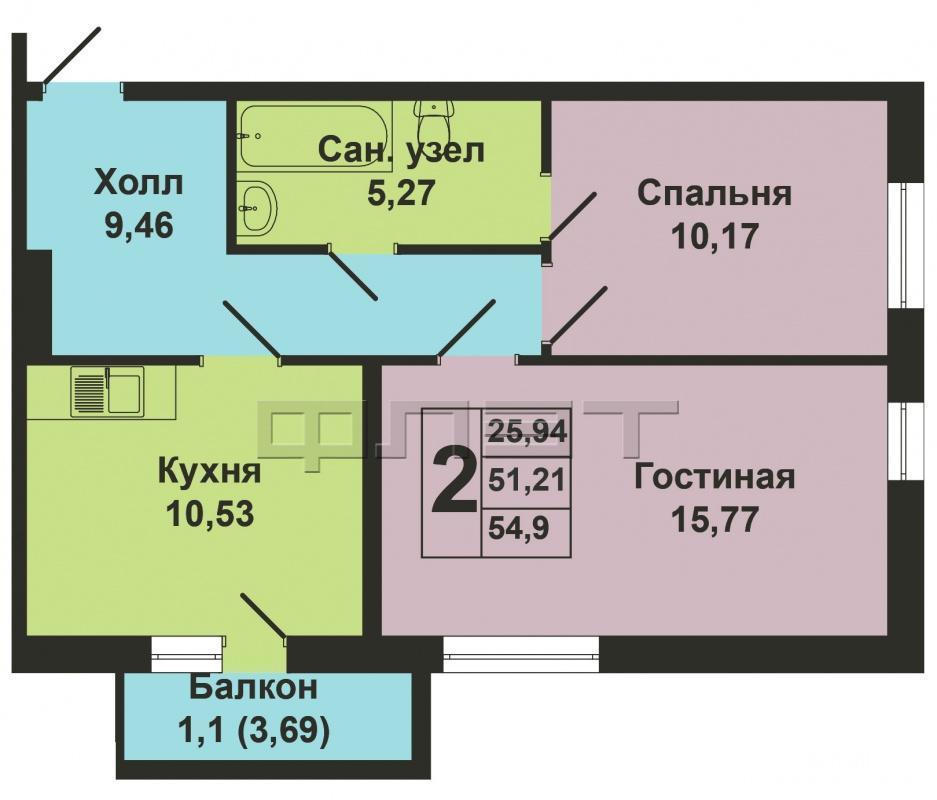 Продажа / Квартиры, Казань, Зирекле улица, 2 795 520 Продается двухкомнатная квартира площадью 51.20 / 25.94 / 10.53 кв.м. в ЖК 'Green'. Это новый жилой комплекс от... - 6