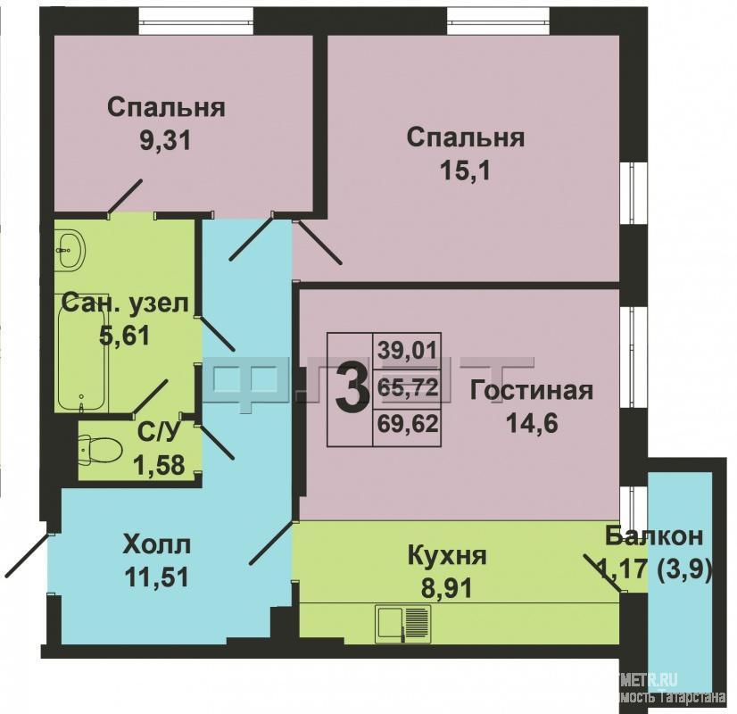 Продажа / Квартиры, Казань, Зирекле улица, 3 483 160 Продается трехкомнатная квартира площадью 65.72 / 39.01 / 8.91 кв.м. в ЖК 'Green'. Это новый жилой комплекс от... - 6