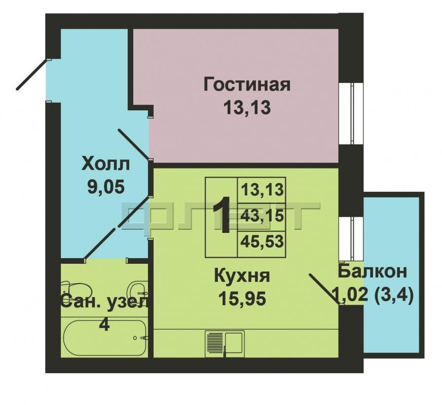 Продажа / Квартиры, Казань, Мамадышский тракт, 2 839 011 Продается однокомнатная квартира площадью 43.15 / 13.13 / 15.95 кв.м. в жилом комплексе 'Весна' в Советском районе.... - 13