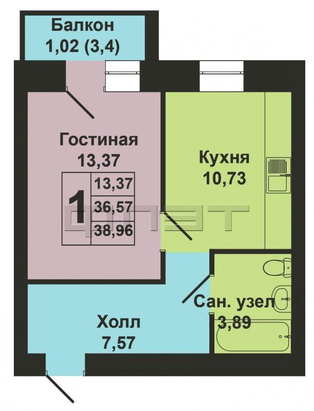 Продажа / Квартиры, Казань, Мамадышский тракт, 2 442 666 Продается однокомнатная квартира площадью 36.58 / 13.37 /10.73 кв.м. в жилом комплексе 'Весна' в Советском районе.... - 12