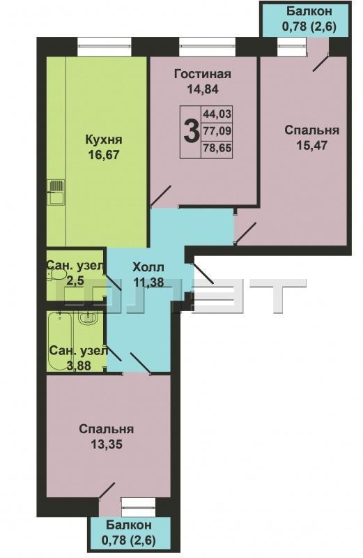 Продажа / Квартиры, Казань, Мамадышский тракт, 3 945 155 Продается трехкомнатная квартира площадью 78.65 / 43.66 / 16.67 кв.м. в ЖК 'Царево Village'. ВЫГОДНЫЕ УСЛОВИЯ при... - 15