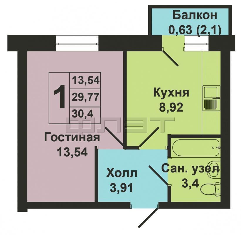 Продажа / Квартиры, Казань, Мамадышский тракт, 1 450 080 Продается однокомнатная квартира площадью 30.40 / 13.54 / 8.92 кв.м. в ЖК 'Царево Village' в прекрасном озелененном... - 13