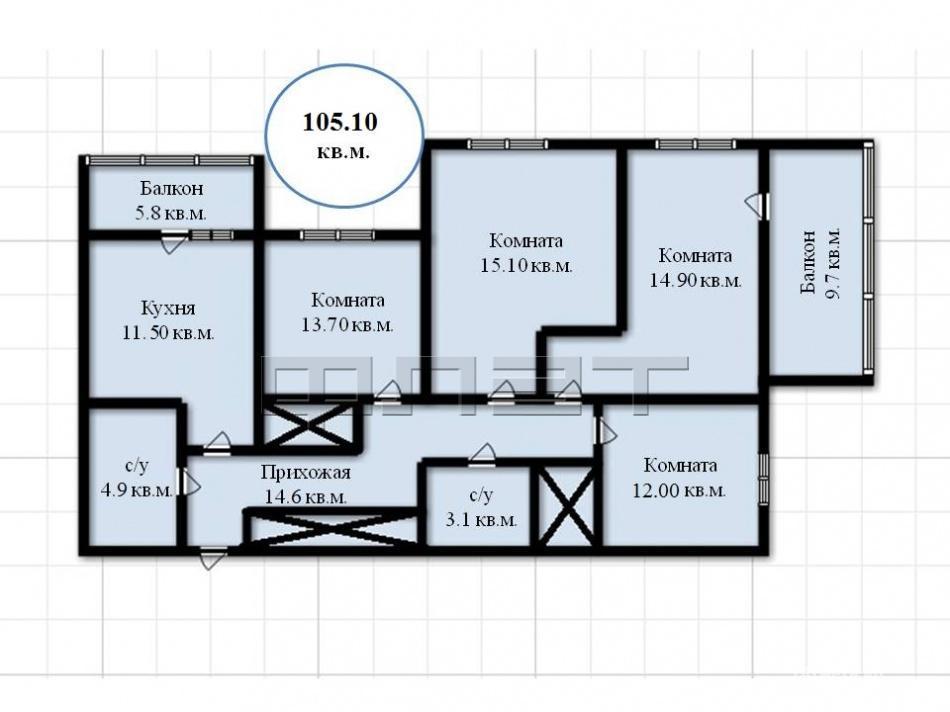 Продажа / Квартиры, Казань, Абсалямова улица, 7 146 800 Продается четырехкомнатная квартира площадью 105.10 / 55.70 / 11.50 кв.м. в ЖК 'Перспектива' в Ново-Савиновском... - 12
