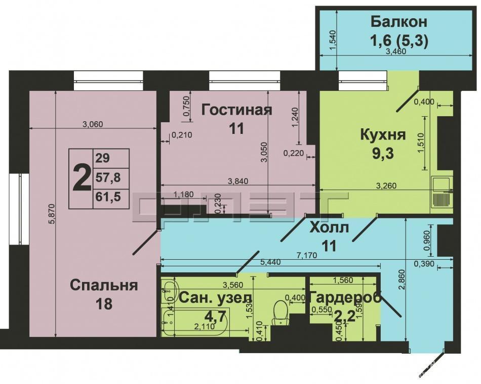 Продажа / Квартиры, Казань, Абсалямова улица, 5 602 720 Продается двухкомнатная квартира площадью 60.80 / 29.10 / 8.80 кв.м. в ЖК 'Перспектива'. ДОМ СДАН! Комплекс находится... - 13