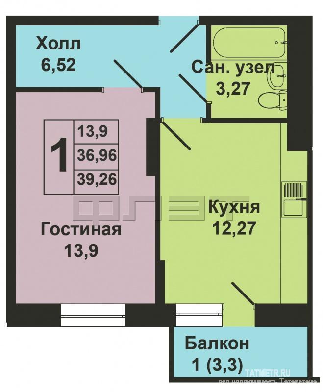 Продажа / Квартиры, Казань, Рауиса Гареева улица, 1 754 175 Продается однокомнатная квартира площадью 36.93 / 13.90 / 12.27 кв.м. в новом жилом комплексе 'Палитра'. Он включает... - 4
