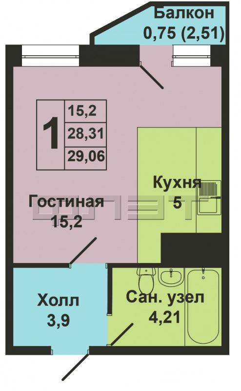 Продажа / Квартиры, Казань, Рауиса Гареева улица, 1 409 410 Продается однокомнатная квартира-студия площадью 29.06 кв.м. в новом жилом комплексе 'Палитра'. Он включает в себя... - 4