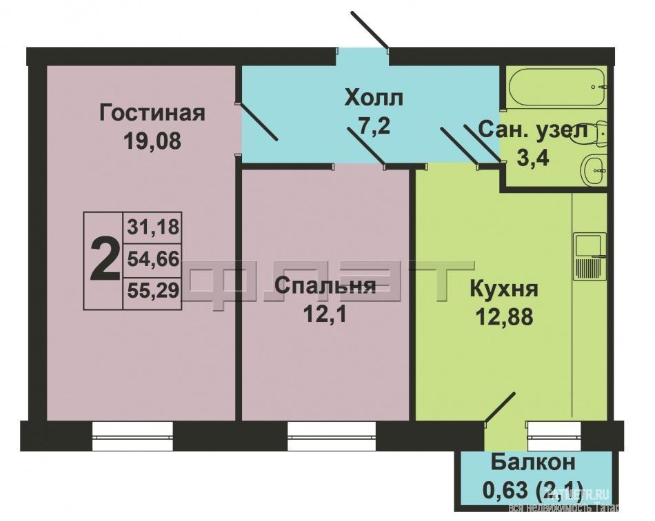 Продажа / Квартиры, Казань, Мамадышский тракт, 2 650 000 Продается двухкомнатная квартира площадью 55.29 / 31.18 / 12.88 кв.м. в ЖК 'Царево Village'. ВЫГОДНЫЕ УСЛОВИЯ при... - 12