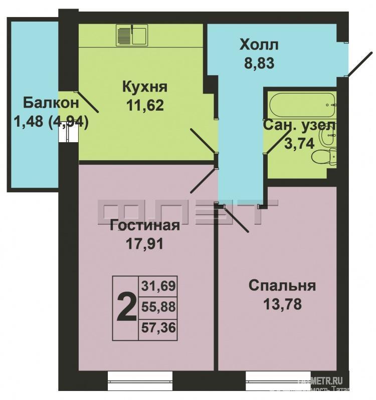 Продажа / Квартиры, Казань, Мамадышский тракт, 3 190 000 Продается двухкомнатная квартира площадью 57.36 / 31.69 / 11.62 кв.м. в уникальном жилом комплексе 'Весна'. ВЫГОДНЫЕ... - 13
