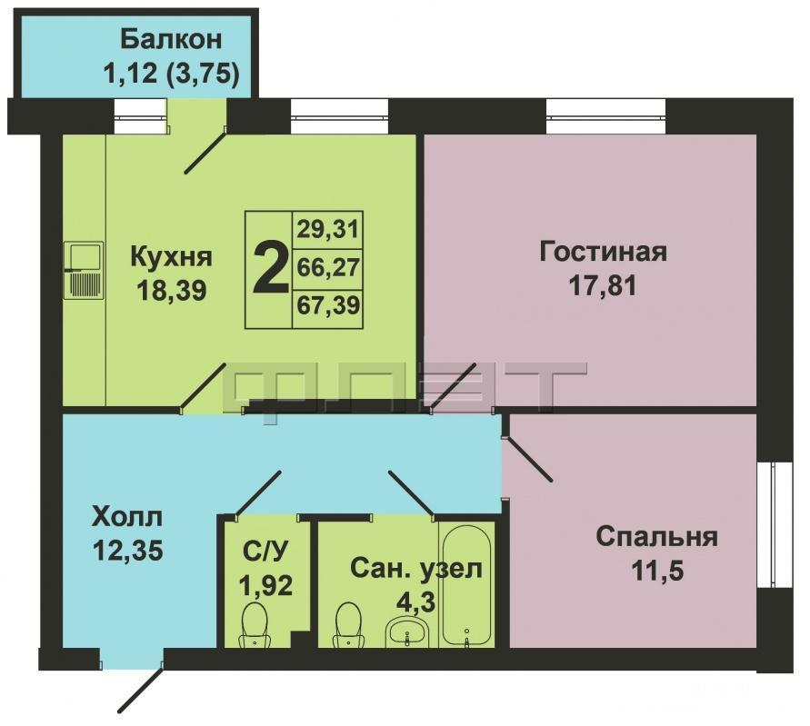 Продажа / Квартиры, Казань, Мамадышский тракт, 3 580 000 Продается двухкомнатная квартира площадью 67.39 кв.м. в уникальном жилом комплексе 'Весна'. ВЫГОДНЫЕ УСЛОВИЯ при... - 13