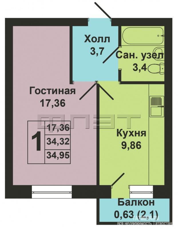 Продажа / Квартиры, Казань, Мамадышский тракт, 1 740 012 Продается однокомнатная квартира площадью 34.95 / 17.36 / 9.86 кв.м. в ЖК 'Царево Village' в прекрасном озелененном... - 16