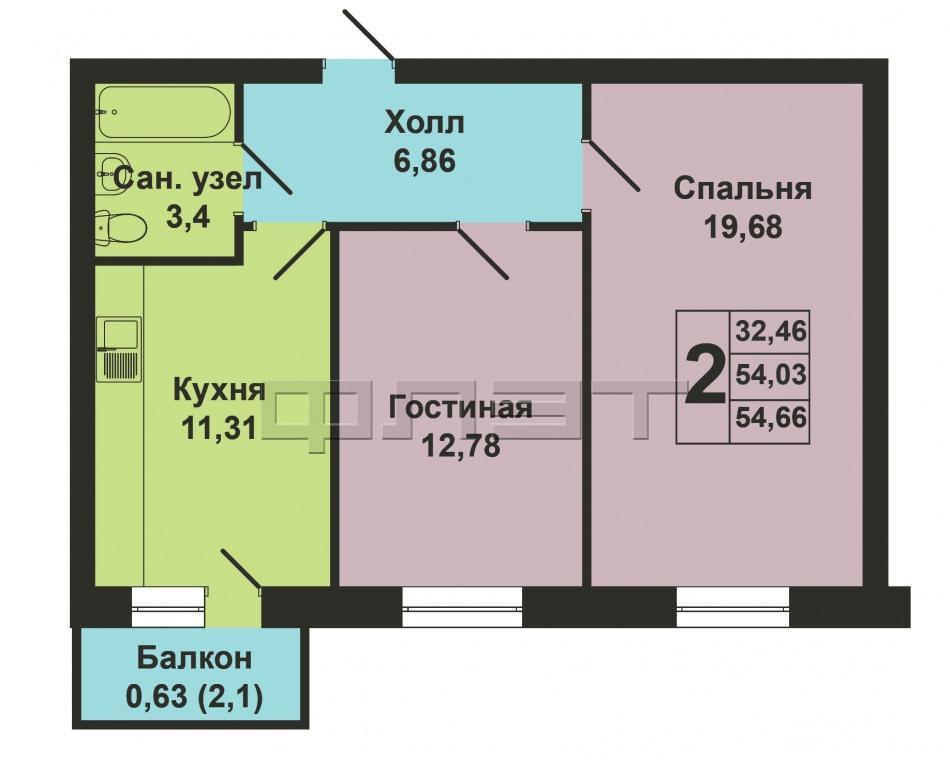 Продажа / Квартиры, Казань, Мамадышский тракт, 2 970 000 Продается двухкомнатная квартира площадью 54.66 / 32.46 / 11.31 кв.м. в ЖК 'Царево Village' в прекрасном озелененном... - 12