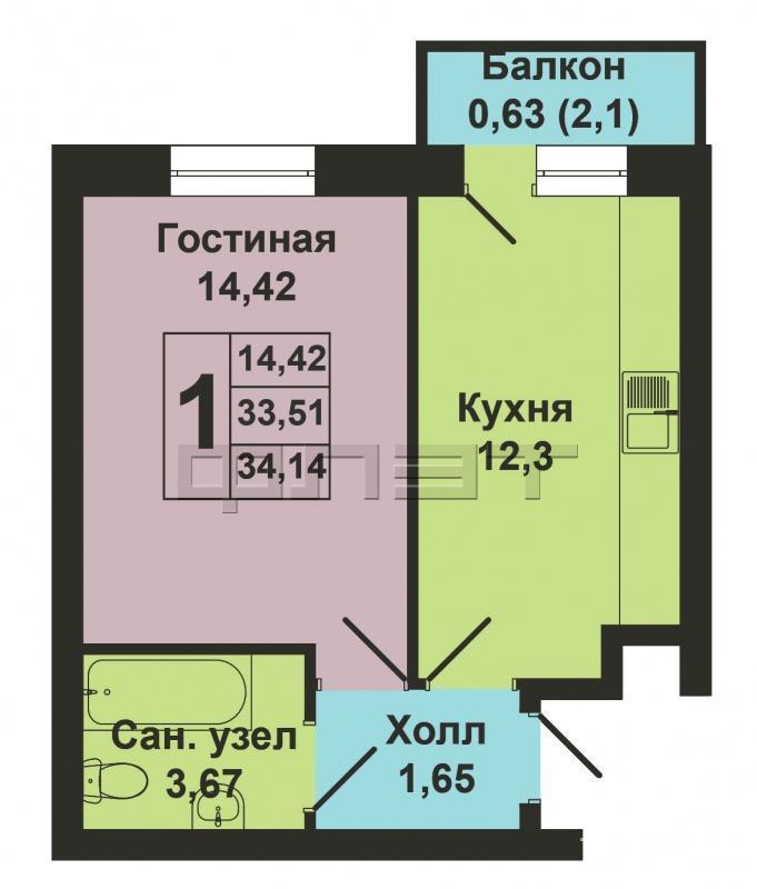Продажа / Квартиры, Казань, Мамадышский тракт, 1 900 000 Продается однокомнатная квартира площадью 34.14 / 14.42 / 12.32 кв.м. в ЖК 'Царево Village' в прекрасном озелененном... - 15
