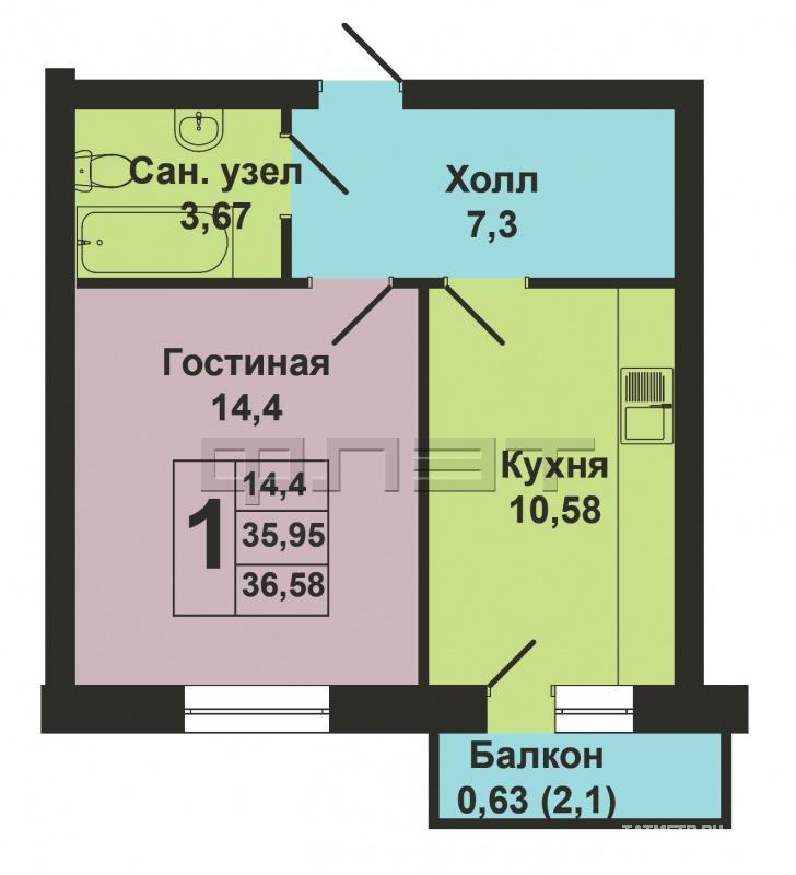 Продажа / Квартиры, Казань, Мамадышский тракт, 2 040 000 Продается однокомнатная квартира площадью 36.58 / 14.40 / 10.58 кв.м. в ЖК 'Царево Village' в прекрасном озелененном... - 15