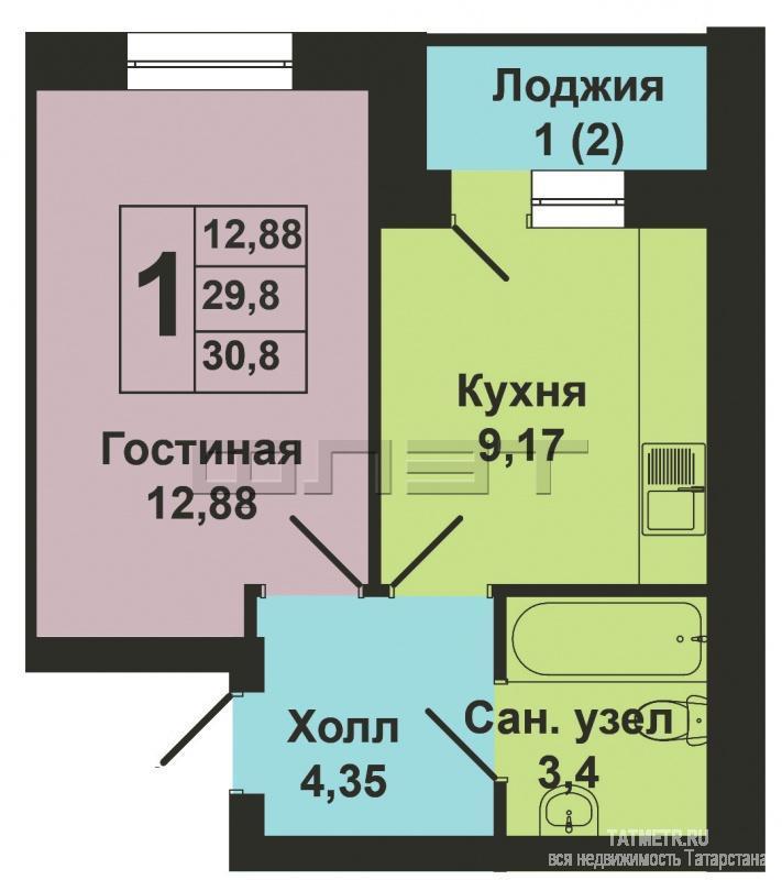 Продажа / Квартиры, Казань, Мамадышский тракт, 1 710 000 Продается однокомнатная квартира площадью 30.80 / 12.88 / 9.17 кв.м. в ЖК 'Царево Village' в прекрасном озелененном... - 14