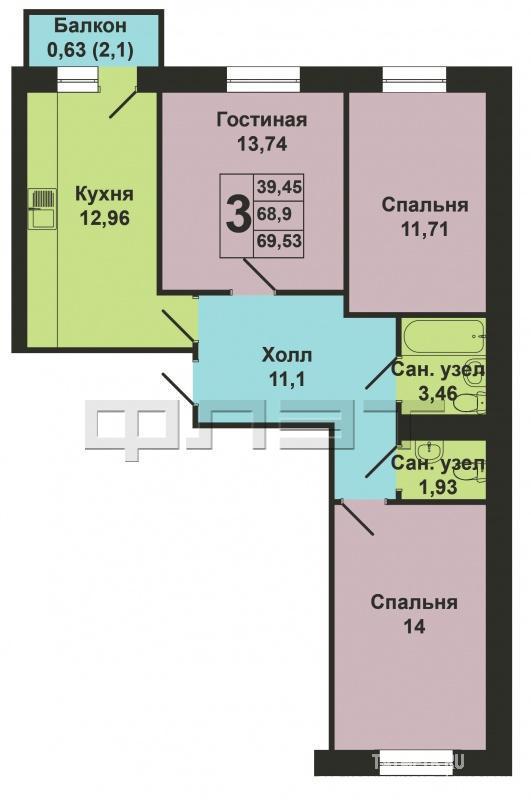Продажа / Квартиры, Казань, Мамадышский тракт, 3 210 000 Продается трехкомнатная квартира площадью 69.53 / 39.45 / 12.96 кв.м. в ЖК 'Царево Village'. ВЫГОДНЫЕ УСЛОВИЯ при... - 16