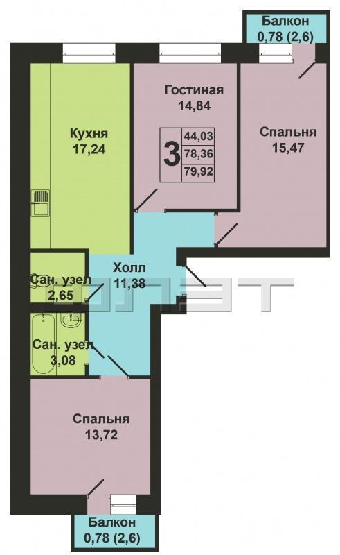 Продажа / Квартиры, Казань, Мамадышский тракт, 3 373 101 Продается трехкомнатная квартира площадью 79.92 / 44.03 / 17.24 кв.м. в ЖК 'Царево Village'. ВЫГОДНЫЕ УСЛОВИЯ при... - 16