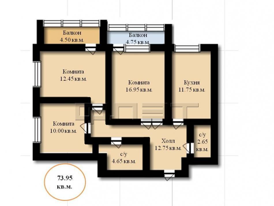 Продажа / Квартиры, Казань, Яруллина улица, 5 213 216 Продается трехкомнатная квартира площадью 73.95 кв.м. в новом жилом комплексе '5 звезд'. Он расположен в Кировском... - 6
