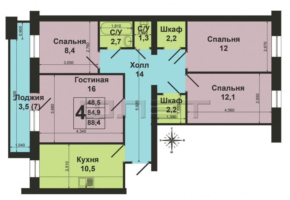Продажа / Квартиры, Казань, Блюхера улица, 4 300 000 Казань, Московский район (рядом улицы Восход, Соловецких Юнг, Декабристов). Продается светлая и уютная 4-комнатная... - 3