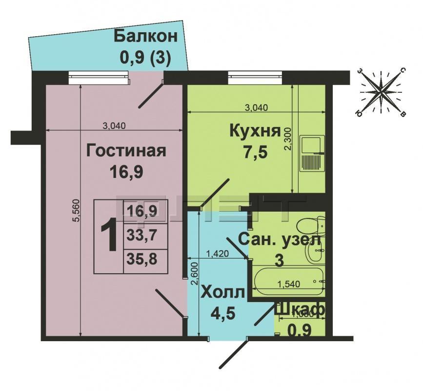 Продажа / Квартиры, Казань, Кулахметова улица, 2 050 000 Московский район, ул. Кулахметова, 18. Продается однокомнатная квартира в Московском районе общей площадью 33,7 кв.м.... - 3