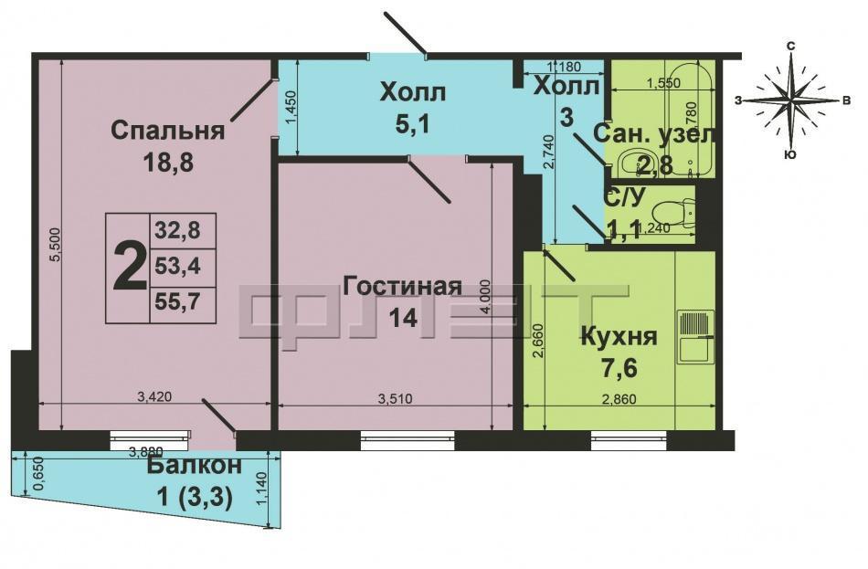 Продажа / Квартиры, Зеленодольск, Комарова улица, 2 160 000 Зеленодольск, мирный, ул. Комарова, д.11. Светлая 2 комнатная 'ленинградка' на ул. Комарова, на среднем этаже с... - 13