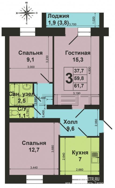 Продажа / Квартиры, Зеленодольск, Маяковского улица, 2 670 000 Зеленодольск, Город, Маяковского, 6. Квартира 65 м2, включает в себя общую площадь 60 м2 и вспомогательную 5 м2 в... - 15
