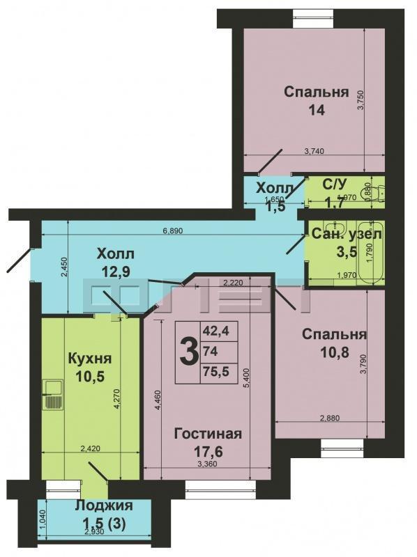 Продажа / Квартиры, Казань, Беломорская улица, 5 190 000 В Авиастроительном районе, в новом кирпичном доме(2007г) продается большая светлая 3 к квартира, площадью 72, 5 кв.м.... - 9