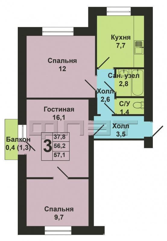 Продажа / Квартиры, Казань, Лейтенанта Красикова улица, 2 900 000 В районе Юдино, ул.Лейтенанта Красикова, д. 5/34. Продается 3-х комнатная просторная квартира с удобным... - 12