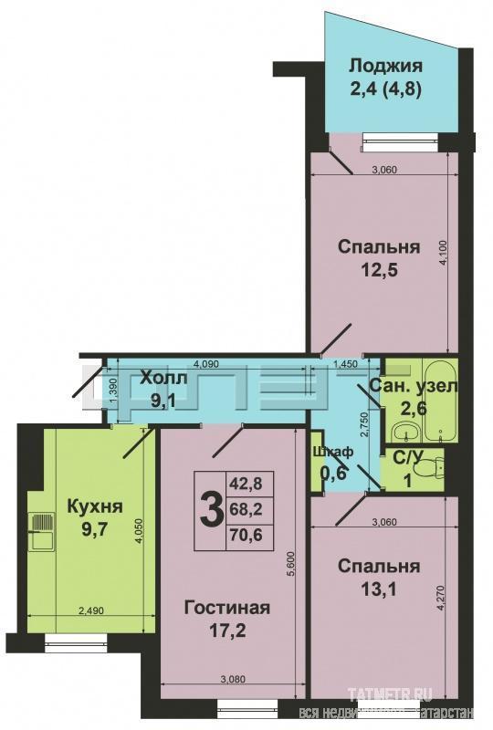 Продажа / Квартиры, Казань, Адоратского улица, 3 800 000 Ново-Савиновский район, Адоратского 5. Продаётся 3-х комн. на 1 этаже 9 эт. панельного дома ленинградской планировки.... - 11