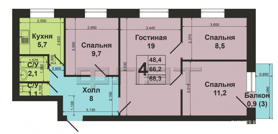 Продажа / Квартиры, Казань, Ново-Азинская улица, 3 500 000 Советский район, ул.Ново-Азинская, д.2. Продаётся 4-комнатная квартира на 3 этаже 5 этажного кирпичного дома... - 8