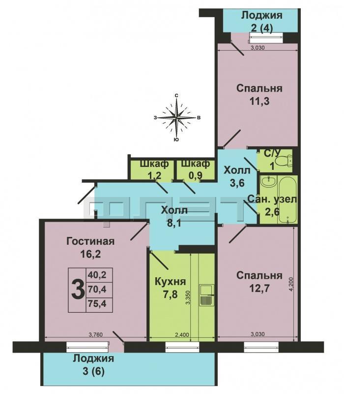 Зеленодольск, мирный, ул. Королёва, д.6. Продаётся 3-комнатная квартира ленинградского проекта на 4 этаже 9-этажного... - 4